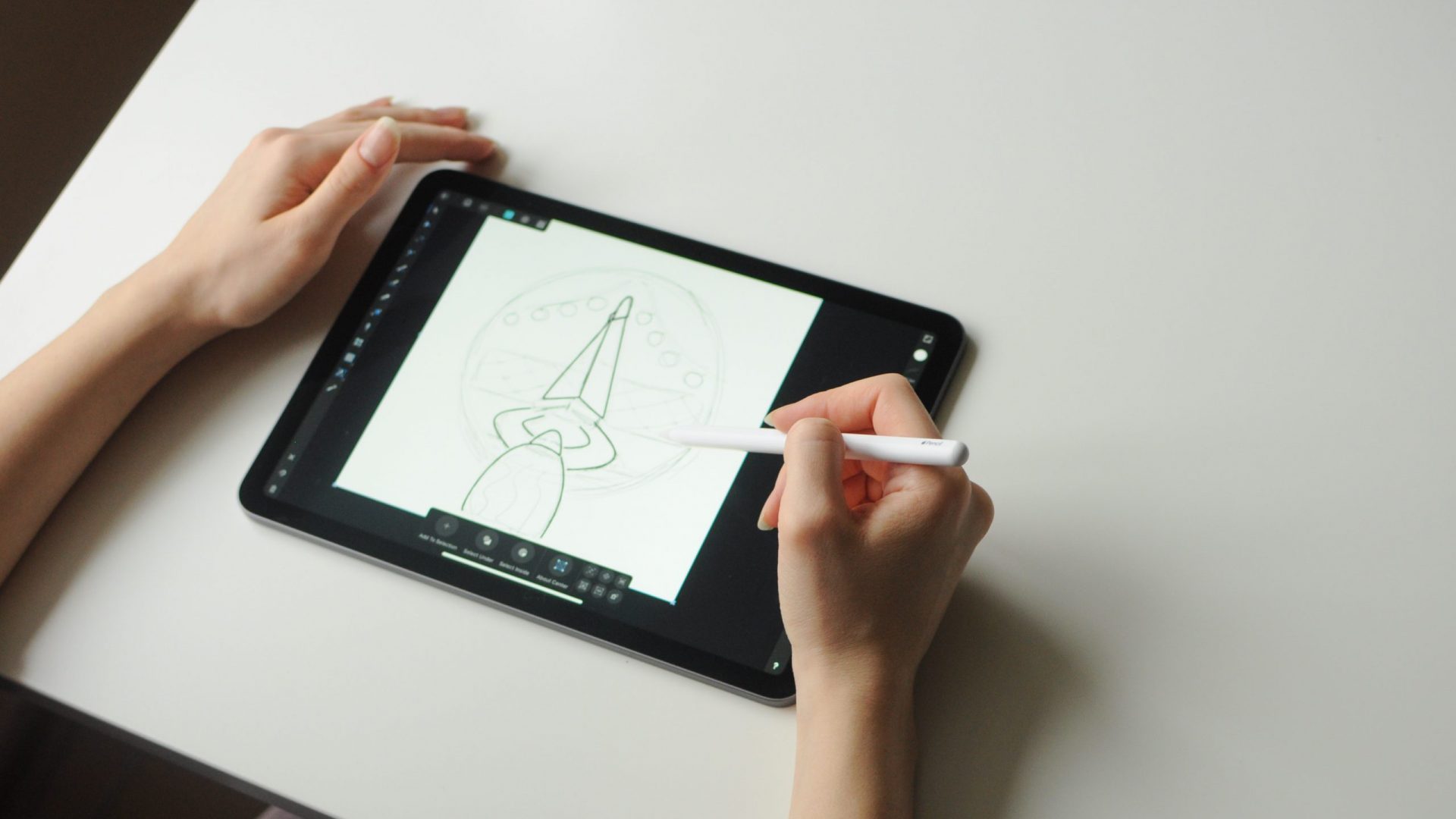 Person sketching on touch pad. Remote freelance work. Digital home learning. Leisure hobby